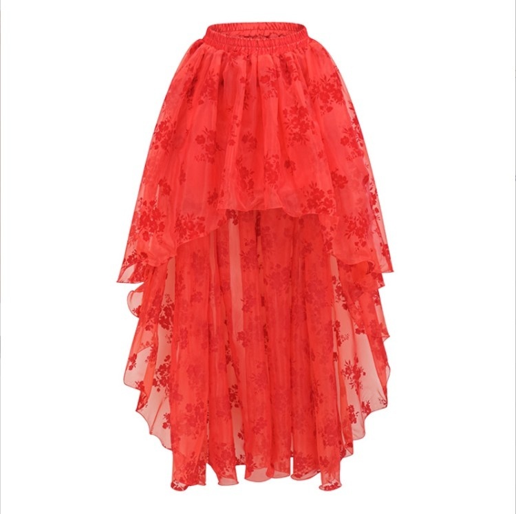 Victorian Gothic High Low Skirt With Black Floral Lace And Layered Mesh Design